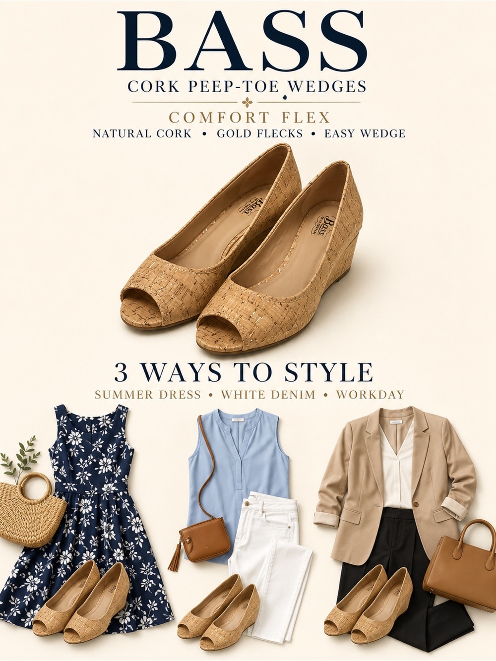 Bass Comfort Flex Cork Peep-Toe Wedge Shoes Gold Flecks